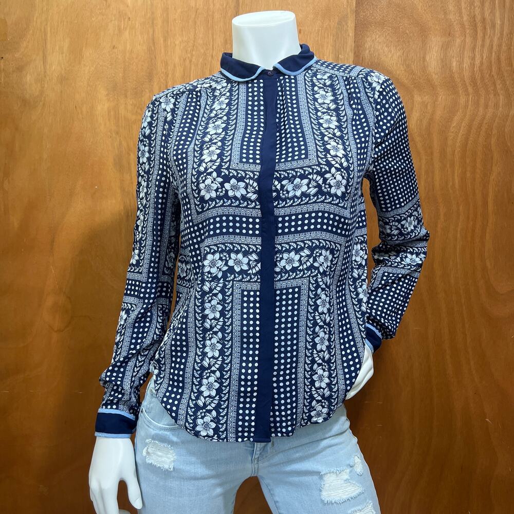 Maeve Anthropologie Floral Rayon Blouse Blue White Size 6